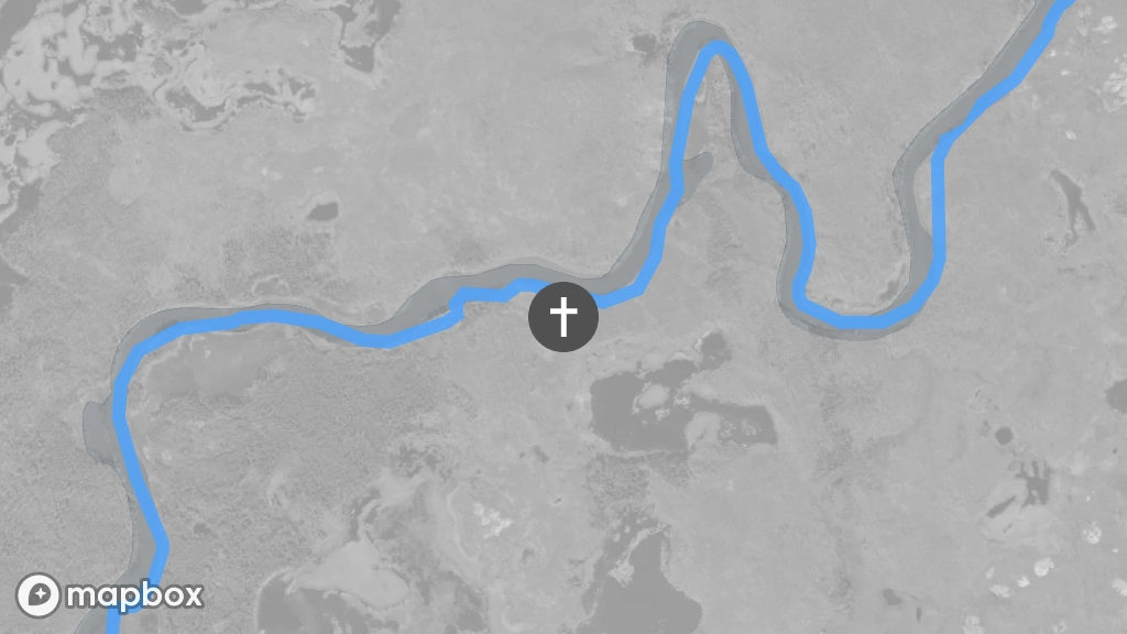 A satellite image of a gravesite located on the shore of the Marian River.